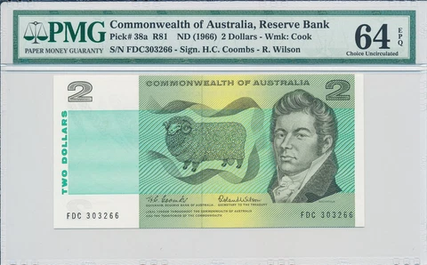 Reserve Bank Commonwealth Australia  $2 ND(1966)  PMG  64EPQ Cover