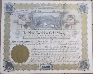 New Dominion Gold Mining 1907 Stock Certificate, Territory of Arizona AZ - Picture 1 of 2