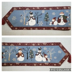 St Nicholas Square Table Runner Snowmen Winter 74"x13" Tapestry Tassels Border  - Picture 1 of 12