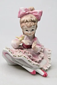 Vintage LEFTON K W 3757 Porcelain Figurine Girl Pink Dress w Bird - Picture 1 of 9