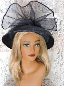 Vintage Ladies Deep Navy Poly Straw Derby Hat w/ Huge Bow on The Front - Picture 1 of 6