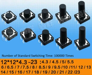 12x12x4.3mm to 23mm SPST Momentary Tactile Push Button Switch 4-Pin Micro PCB - Picture 1 of 3
