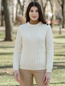 SAOL Aran Irish Women Cable Knit Winter Sweater 100% Merino Wool Made in Ireland - Picture 1 of 21