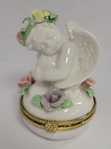 Porcelain Ceramic Hinged Trinket Box Sleeping Angel Cherub Applied Flowers 2001 - Picture 1 of 5