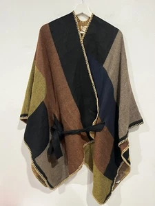 World Market Plaid Wrap Shawl Poncho One Size Belted With Tie Warm Fabric Soft - Picture 1 of 5