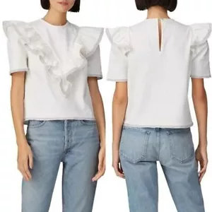 Saylor Anthropologie Harriette Denim Ruffle Sailor Top Cropped White Size Medium - Picture 1 of 9
