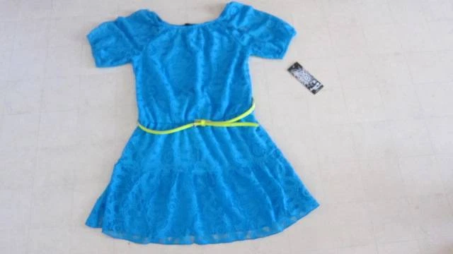 Sequin Hearts Girls Floral Eyelet Lace Blue Mini Dress W/ Belt 14 - NWT $56 - Image 1 of 1
