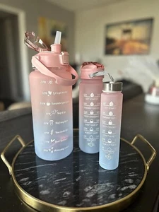 3 in 1 Set Gym Motivational Water Bottle Sports BPA Free Time Marker 64,32,15oz - Picture 1 of 4