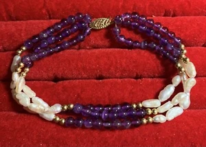 14kt Gold Balls & Clasp With Amethyst & Freshwater Pearl Balls 3 Strand Bracelet - Picture 1 of 5