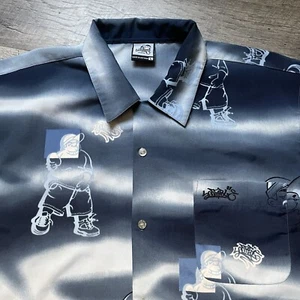 Vintage Y2K Southpole Blue Button Down Short Sleeve Shirt Large Graffiti - Picture 1 of 7