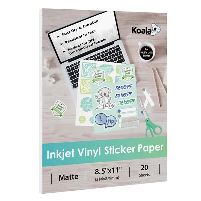 Koala Printable Vinyl Sticker Paper for Inkjet Printer Matte White Waterproof 20 - Image 1 of 4