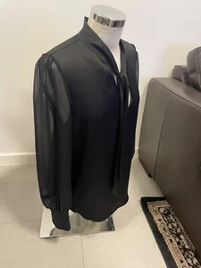New RIVER ISLAND Black Blouse 16 Silky Polyester Pussy Bow Sheer Sleeve 14 - Picture 1 of 9