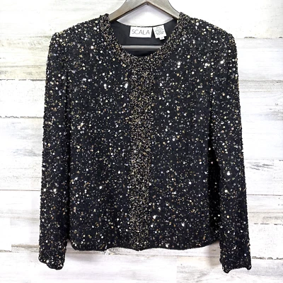 SCALA женщин черный винтажный 100% шелк бисером блестки длинным рукавом куртка размер M - Изображение 1 из 4