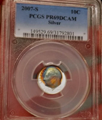 ROOSEVELT SILVER DIME 2007 S PCGS PR 69 DCAM MONSTER NEON RAINBOW - Image 1 of 4