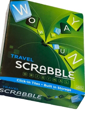Travel Scrabble Board Game 2012 Mattel Green Hard Case Racks & 100 Clip-In Tiles - Image 1 of 4