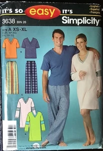 2007 Simplicity ungeschnittenes Schnittmuster 3638 Easy Herren & Damen Pyjama, Größen XS-XL - Bild 1 von 2