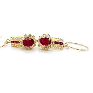 14K Yellow Gold Red Oval Ruby & .26CTW Bezel Diamond Drop Earwire Earrings - Picture 1 of 14