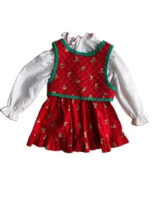 Vestido de Navidad para niños vintage años 70 estampado de pan de jengibre y chaleco acolchado rojo talla 12M - Imagen 1 de 8