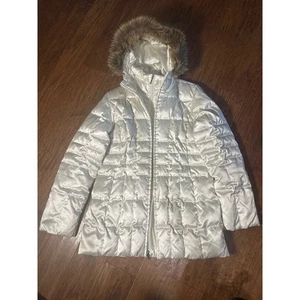 Lands End Women's puffer Coat Winter Jacket White Faux Fur Hood Size 6-8 - Picture 1 of 7