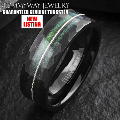 Black Tungsten Carbide Green Flowing Sand with Guitar String Wedding Band Ring - Image 1 of 4