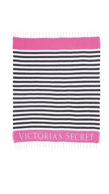 Victoria’s Secret Striped Beach Fringe Throw Blanket 50X60 NWT Black White Pink - Image 1 of 4