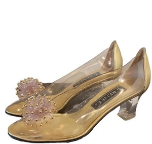 J. Renee Vintage Vinyl Clear Pump Heels With Ornament Shoes Size 8 Narrow Gold - Picture 1 of 8
