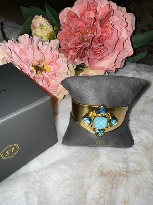 Brazalete Julie Vos Iridiscente Capri Azul 2 Tonos Banda Placa Oro 24k NUEVO NUEVO CON ETIQUETAS Foto 1 de 4