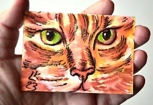 Handgemaltes Katzenportrait Aquarell helle Töne grüne Augen ACEO Sammlerstück - Bild 1 von 4