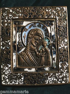  Icona russa ortodossa in bronzo smaltato della Madonna Madre e Bambino - Foto 1 di 7