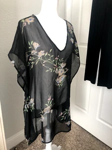 Sz L O'NEILL Black Pink Floral Chiffon SHEER Cover Up TUNIC TOP SS V Caftan - Picture 1 of 9