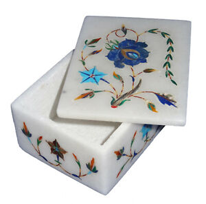 4"x3"x2" Rectangle marble White Storage Box, Turquoise Floral inlay Art Decorate
