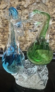 Mid Century Hand Blown Murano 1 Blue And 1 Green Bird on a Base - Picture 1 of 6