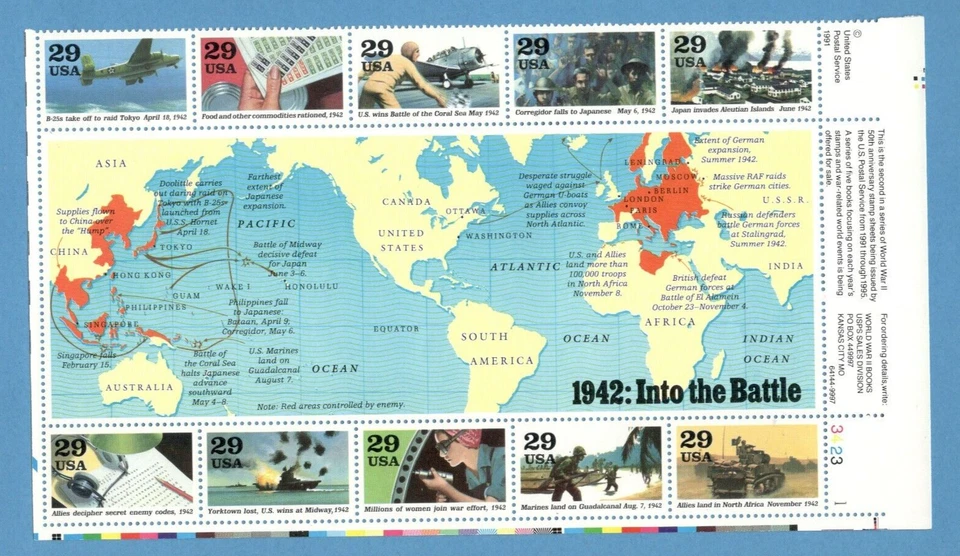 Sc # 2697 ~ Plate # Block ~ 29 cent WW II Issue, 1942:Into the Battle - Image 1 of 1