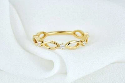 14k Gold Bezel Setting Unique Women's Wedding Band / Stacking Diamond Ring / - Image 1 of 4