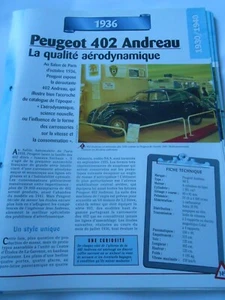 1936 Autokartenblatt Peugeot 402 Andreau aerodynamische Qualität - Bild 1 von 2