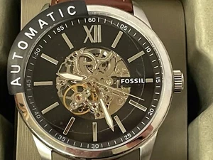 FOSSIL MEN'S WATCH AUTHENTIC FLYNN AUTOMATIC SKELETON SILVER BROWN BQ2386 NWT - Picture 1 of 8