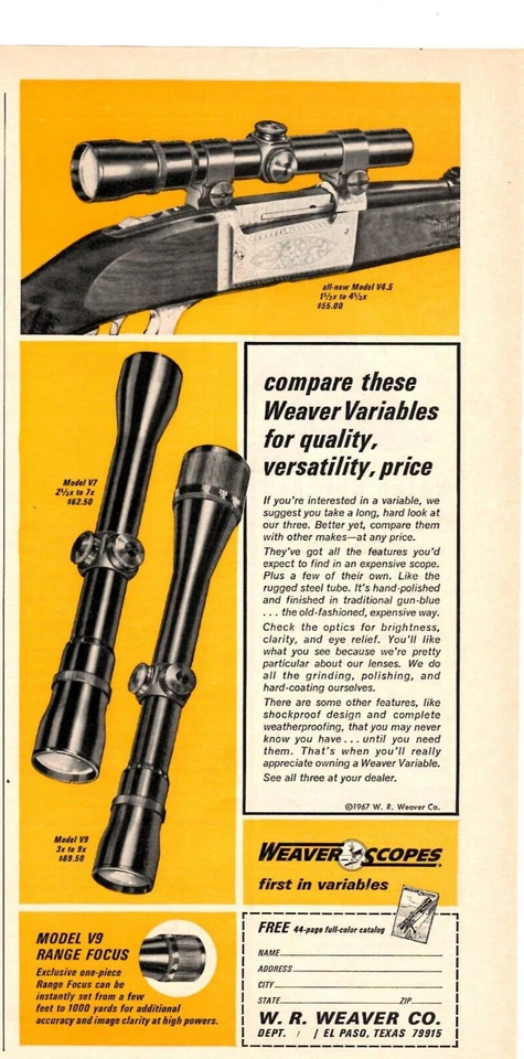 1968 Print Ad Weaver Scopes Model V4.5 Model V7 Model V9 Range Focus Rifle Hunt - Изображение 1 из 1