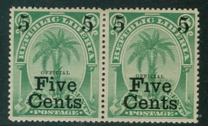 Liberia 1893, 5c on 6c palm tree official, PAIR, one MISSING dot of "i" #O13c - Picture 1 of 2