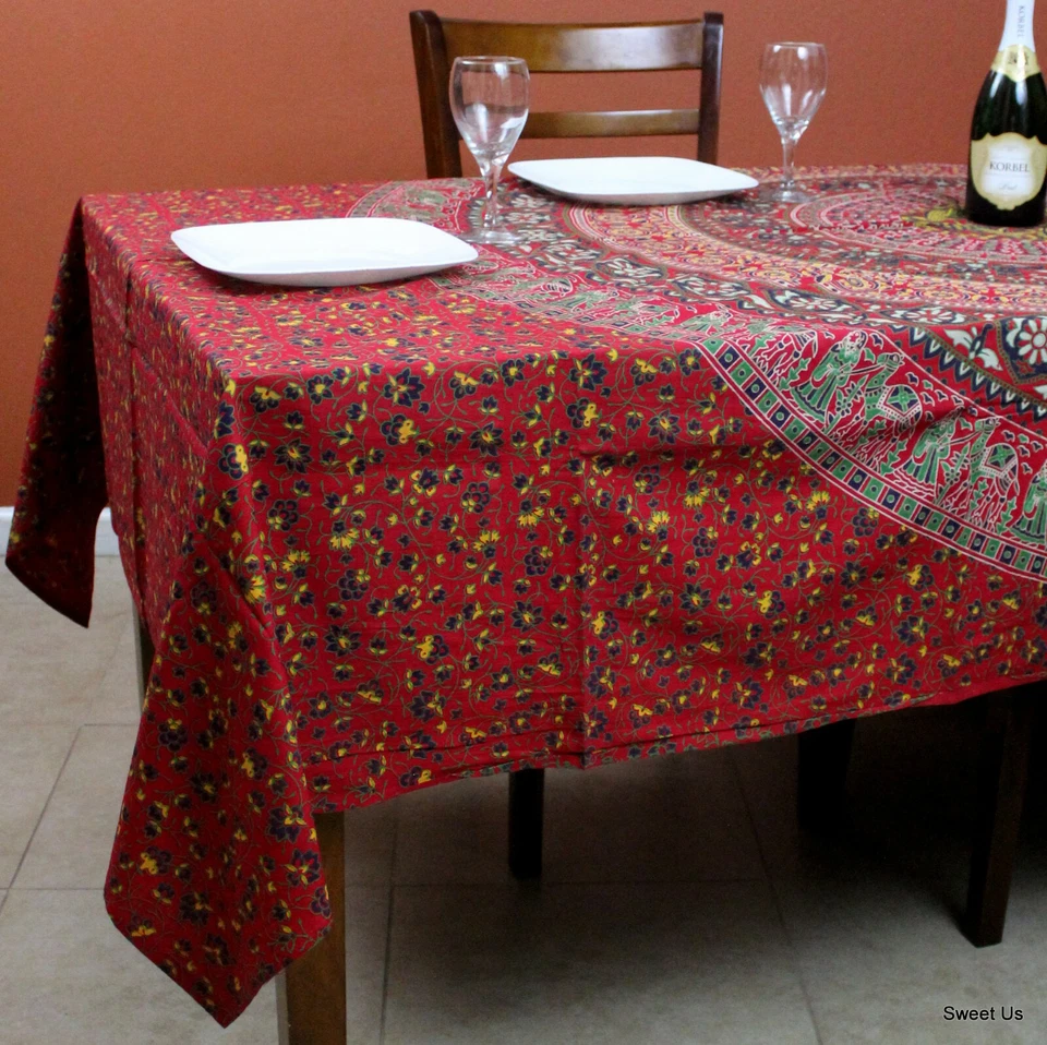 Elephant Print Tablecloth Rectangle 68x102 Red Cotton Floral Kitchen Table Linen - Image 1 of 1