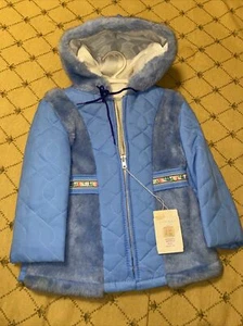 Vintage Mädchen Mantel mit Kapuze gefüttert Reißverschluss blau mit besticktem Besatz ~ Gr. 3 ~ NEU ~ NOS - Bild 1 von 6