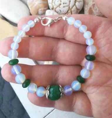 BRACCIALE DONNA PIETRA DI LUNA E GIADA VERDE CON SMERALDO NATURALE E ARGENTO 925 - Immagine 1 di 4