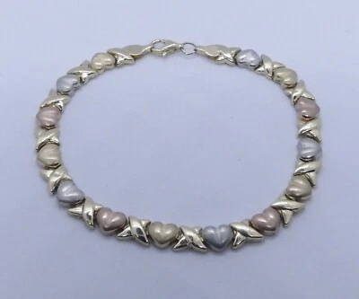 10K Solid Yellow White Rose TriColor Gold 7.5" Hugs & Kisses XOXO Bracelet 4.1gr - Image 1 of 3