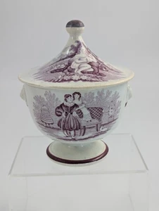 Staffordshire Mulberry Transferware Covered Sucrier, Lion Handles, c.1840 - Picture 1 of 10