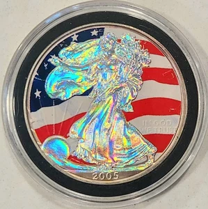 2005 American Silver Eagle - BANDIERA & OLOGRAMMA - moneta d'argento olografica 1 oncia .999 - Foto 1 di 2