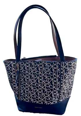 CALVIN KLEIN SIGNATURE TOTE DOUBLE HANDLE SHOULDER BAG, BLACK & BROWN - Image 1 of 4