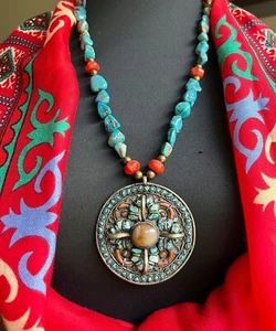 Nepalese Tibetan turquoise & Coral Vintage pendant Beaded Old Handmade Necklace. - Picture 1 of 12