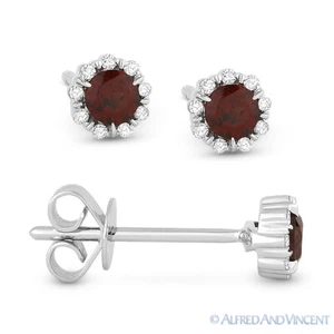0.36 ct Round Cut Red Garnet & Diamond Pave Baby Stud Earrings in 14k White Gold - Picture 1 of 1