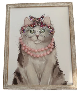 Framed Jewelry Picture Art Princess Cat with Pink Pearls Design by Betty - Picture 1 of 5