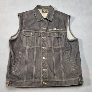 Rocawear Vest Jacket Mens 2XL Black Denim Leather Patch Vintage 90s Hip Hop Y2K  - Picture 1 of 14