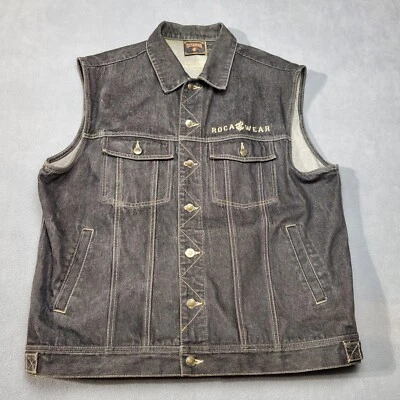 Rocawear Vest Jacket Mens 2XL Black Denim Leather Patch Vintage 90s Hip Hop Y2K  - Image 1 of 4